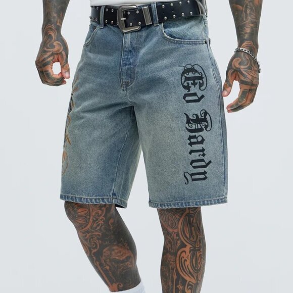 Ed Hardy Crouching Panther Denim Shorts - (Color: Light Wash) - Picture 1 of 4
